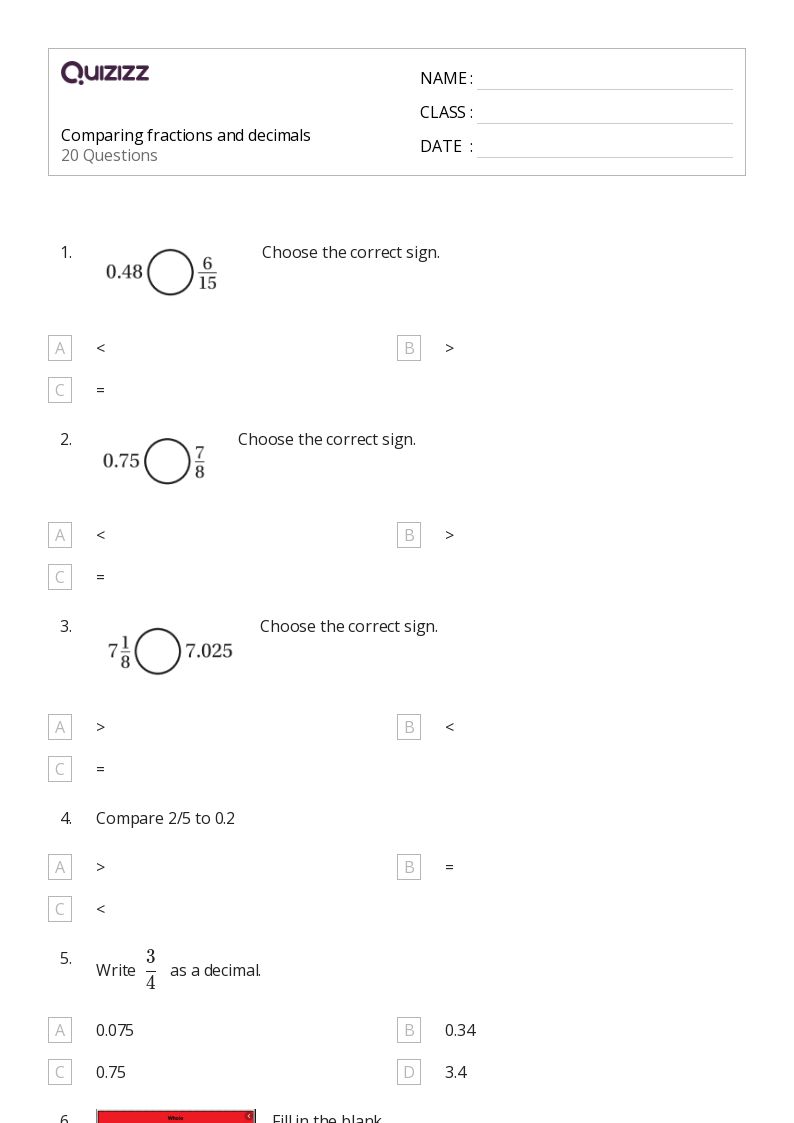 50+ Comparing Fractions worksheets for 6th Grade on Quizizz Free & Printable