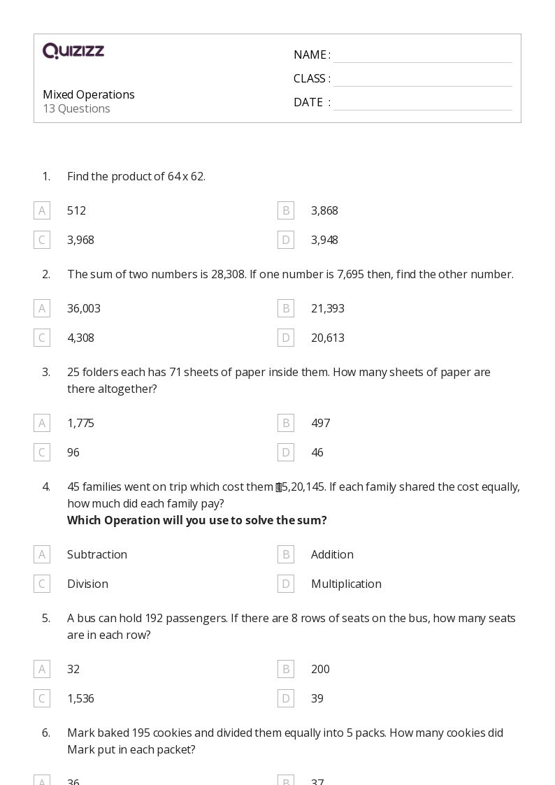 50+ Mixed Operations worksheets for 5th Grade on Quizizz | Free & Printable