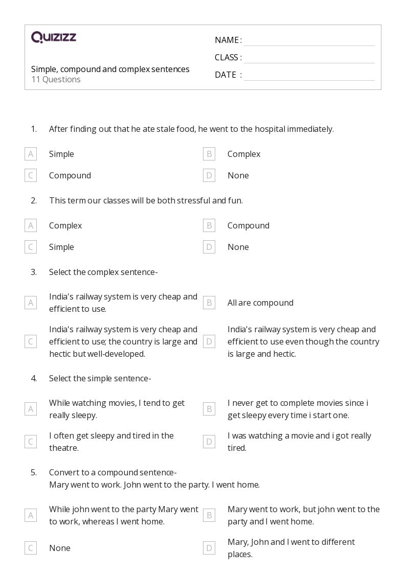 50+ Simple, Compound, and Complex Sentences worksheets on Quizizz Free & Printable