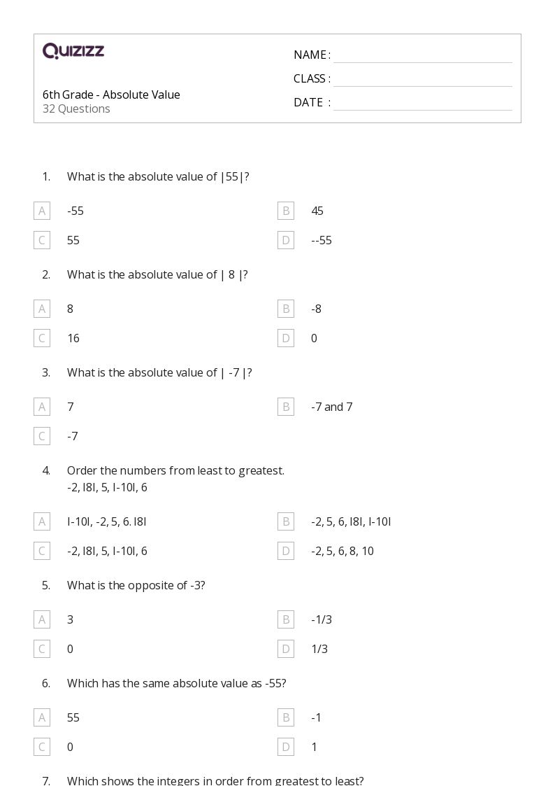 50+ Absolute Value worksheets for 3rd Grade on Quizizz Free & Printable