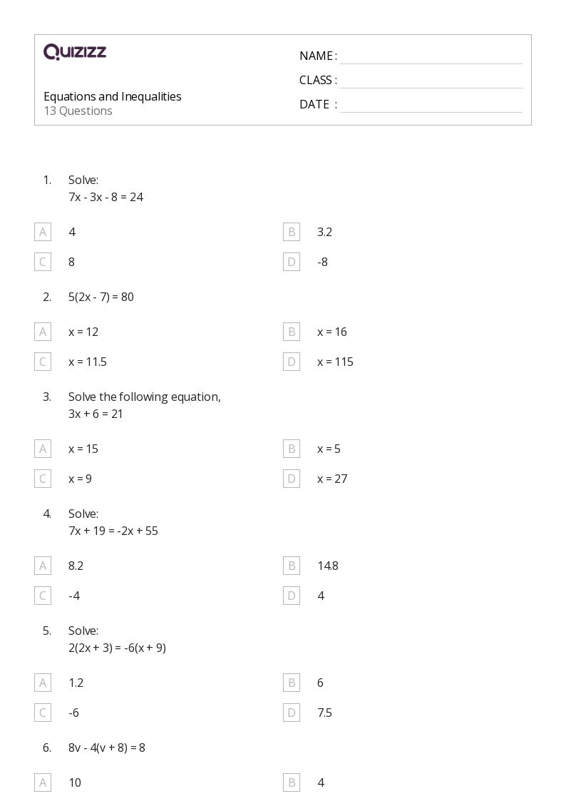 50+ Equations and Inequalities worksheets on Quizizz Free & Printable