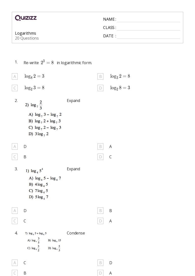 50+ Logarithms worksheets for 11th Year on Quizizz | Free & Printable