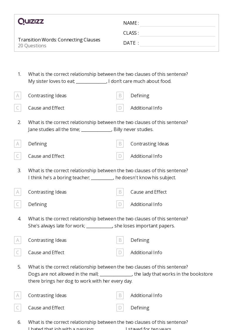 50+ Transition Words worksheets for 8th Grade on Quizizz Free & Printable