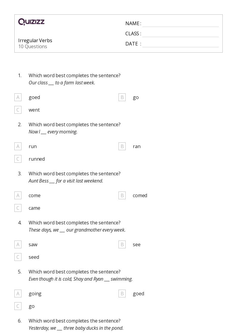 50+ Irregular Verbs worksheets for 2nd Grade on Quizizz | Free & Printable