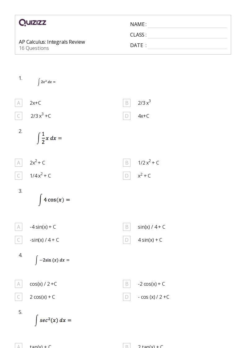 Printable integral calculus Worksheets | Quizizz