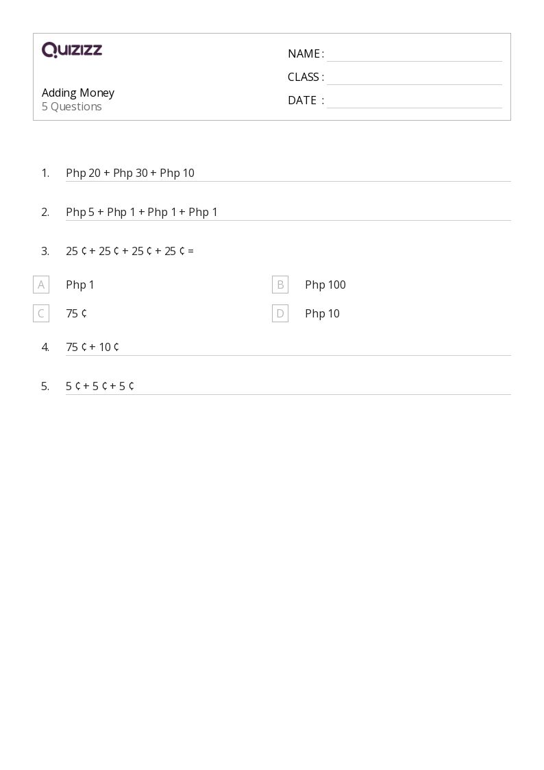 50+ Adding Money worksheets for 1st Grade on Quizizz Free & Printable