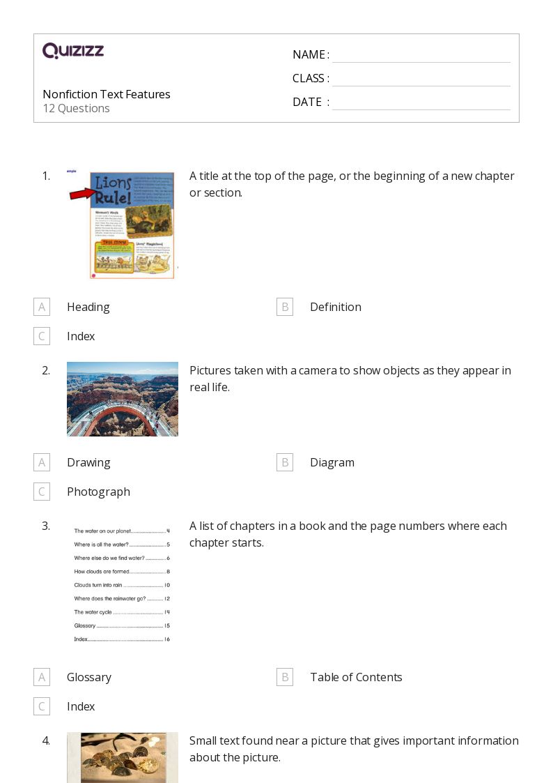 50+ Nonfiction Text Features worksheets for 2nd Grade on Quizizz | Free