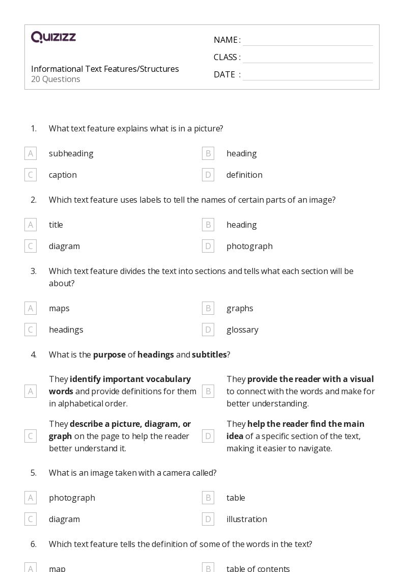 50+ Using Text Features worksheets for 4th Grade on Quizizz Free & Printable