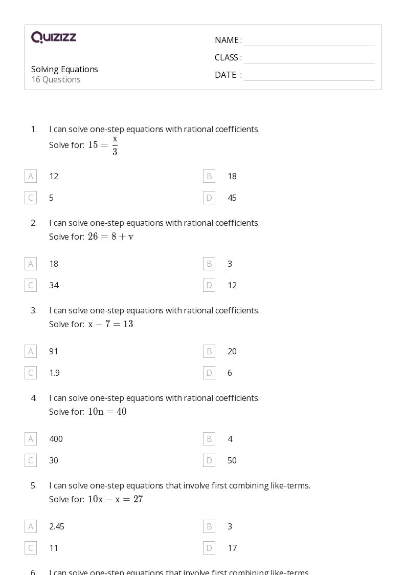 50+ Solving Equations worksheets for 7th Grade on Quizizz Free & Printable