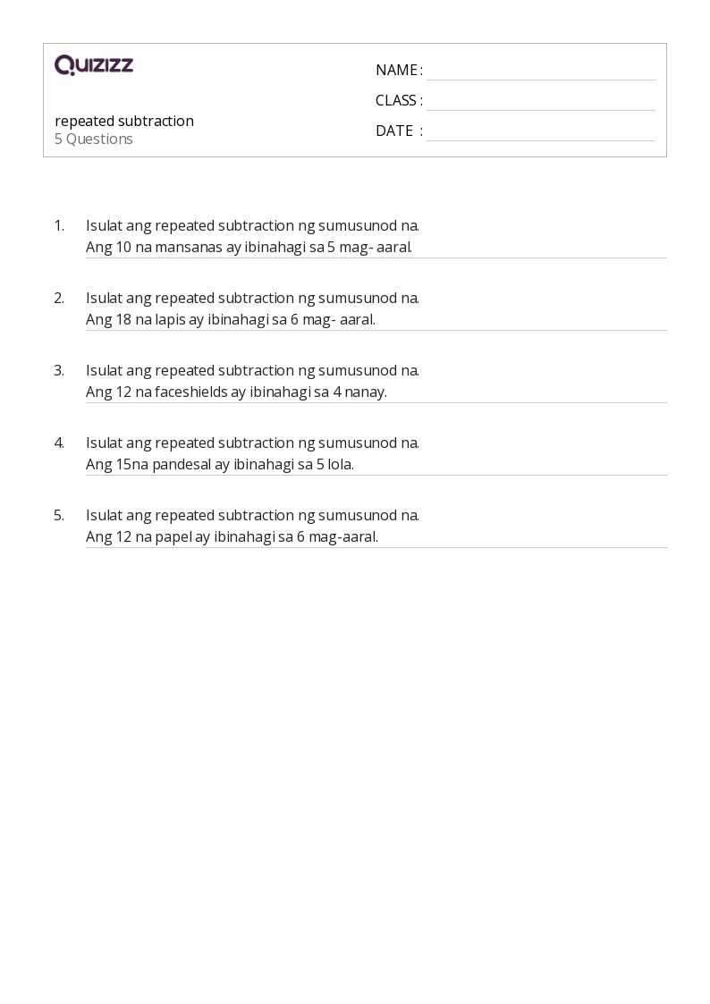 50+ Repeated Subtraction worksheets for 2nd Class on Quizizz | Free