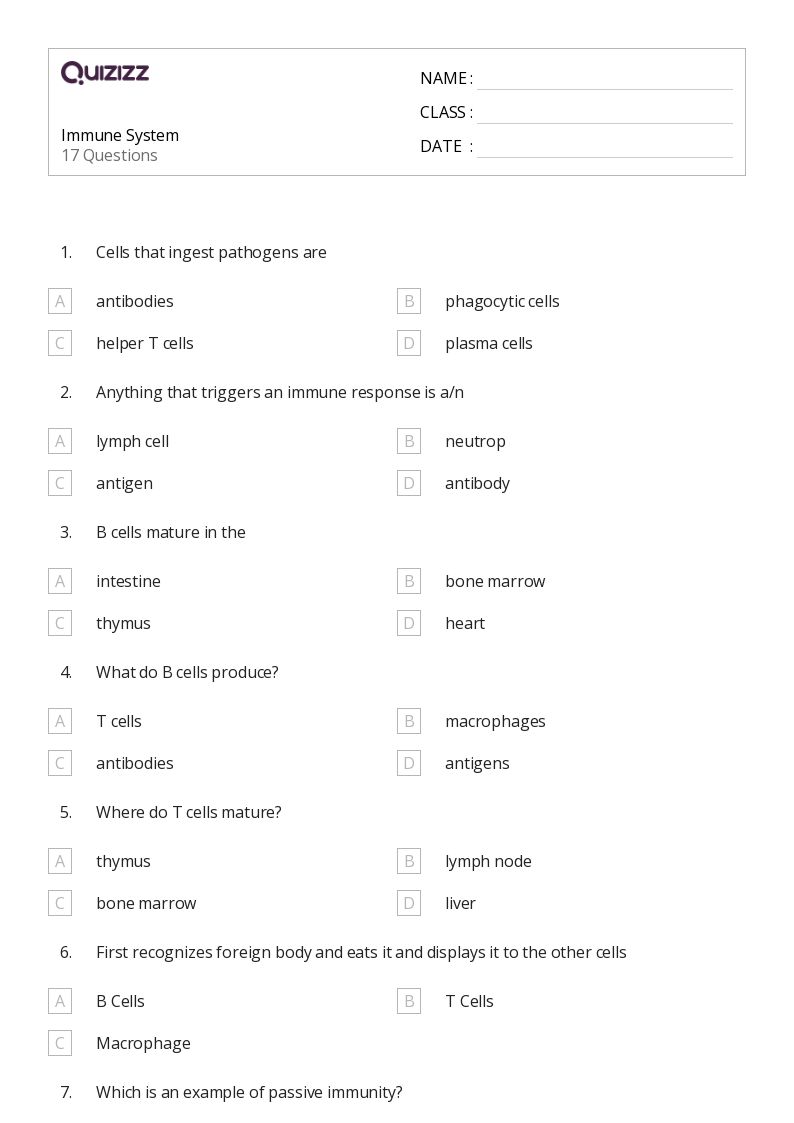 50+ the immune system worksheets on Quizizz | Free & Printable