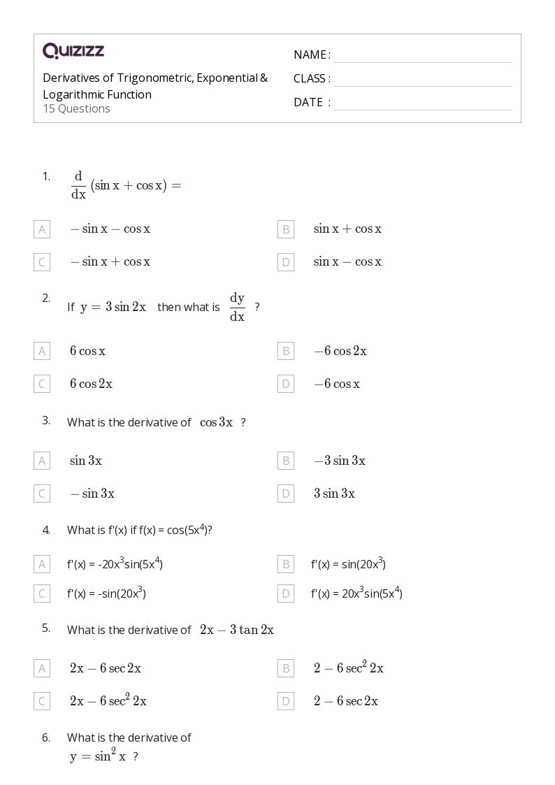 50+ derivatives of logarithmic functions worksheets for 11th Year on
