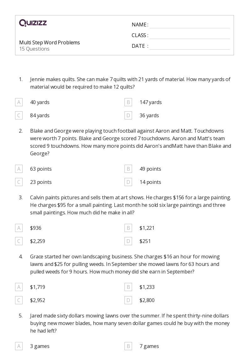 50+ Multi-Step Word Problems worksheets for 4th Grade on Quizizz | Free