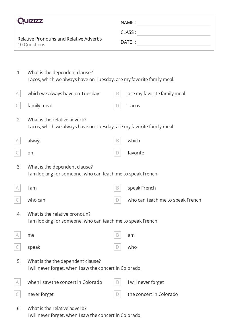 50+ Relative Pronouns worksheets for 4th Grade on Quizizz Free & Printable