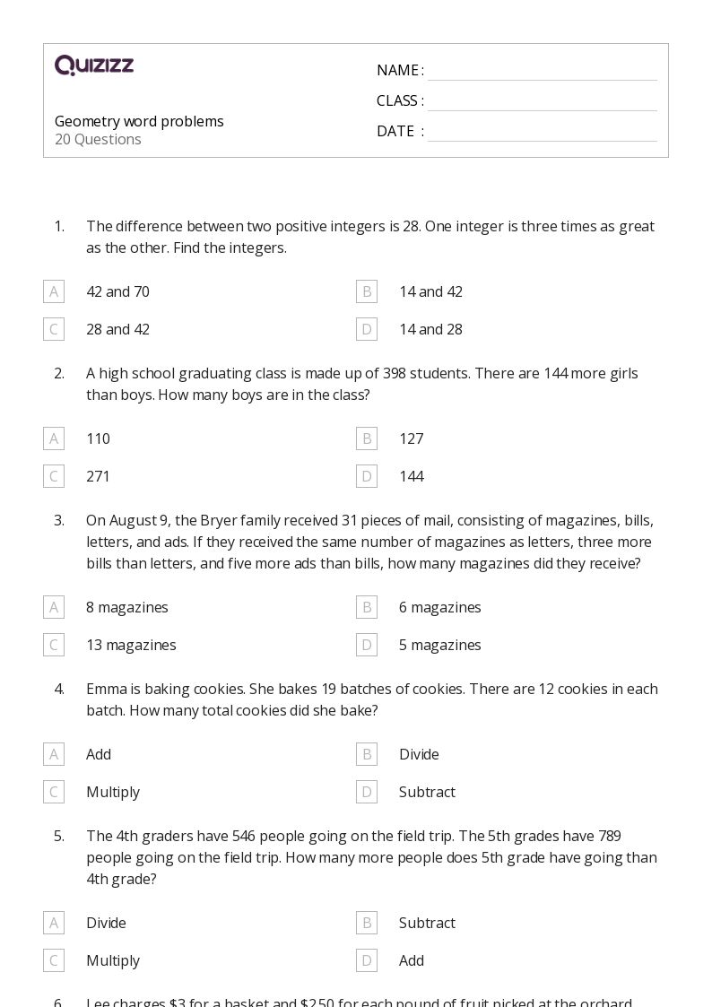 50+ Geometry Word Problems worksheets for 8th Class on Quizizz Free & Printable
