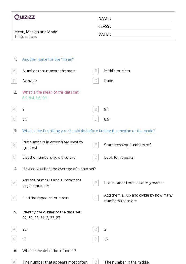 50+ Mean, Median, and Mode worksheets for 8th Grade on Quizizz Free & Printable