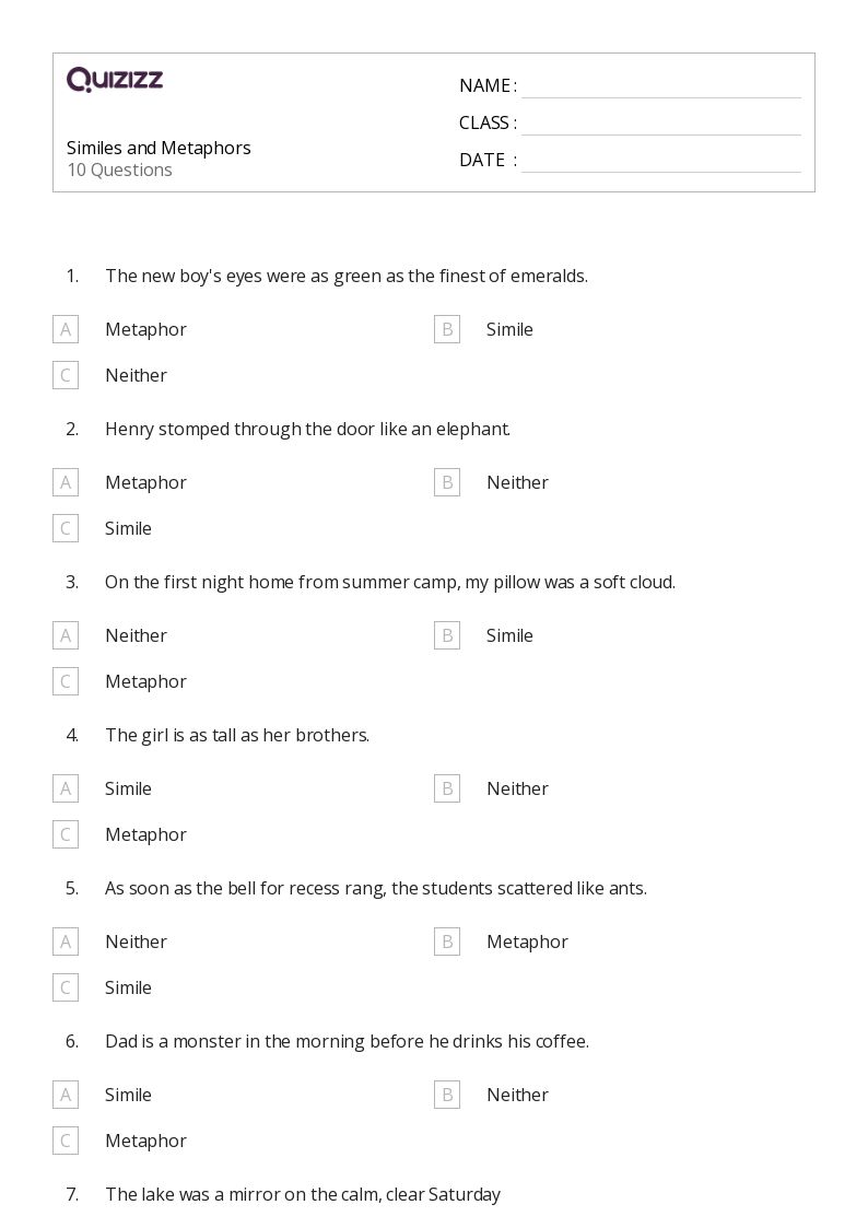 50+ Metaphors worksheets for 6th Grade on Quizizz Free & Printable
