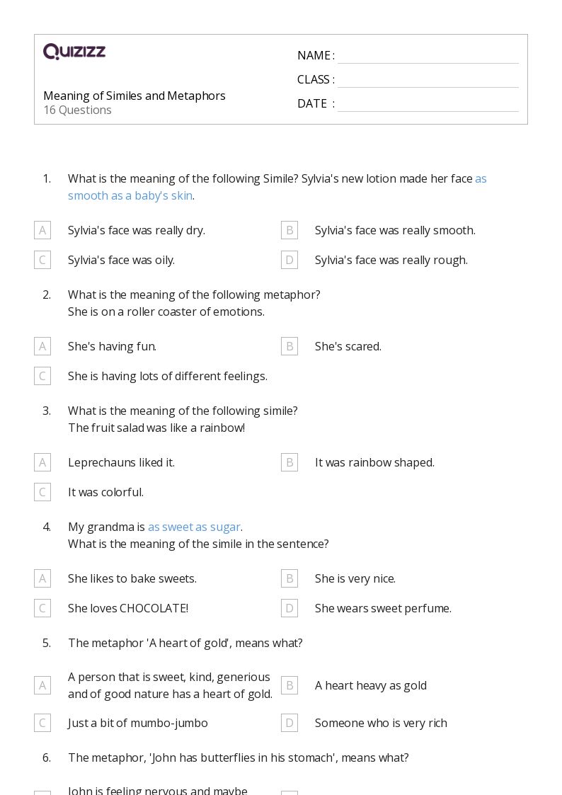 50+ Similes worksheets for 5th Grade on Quizizz Free & Printable