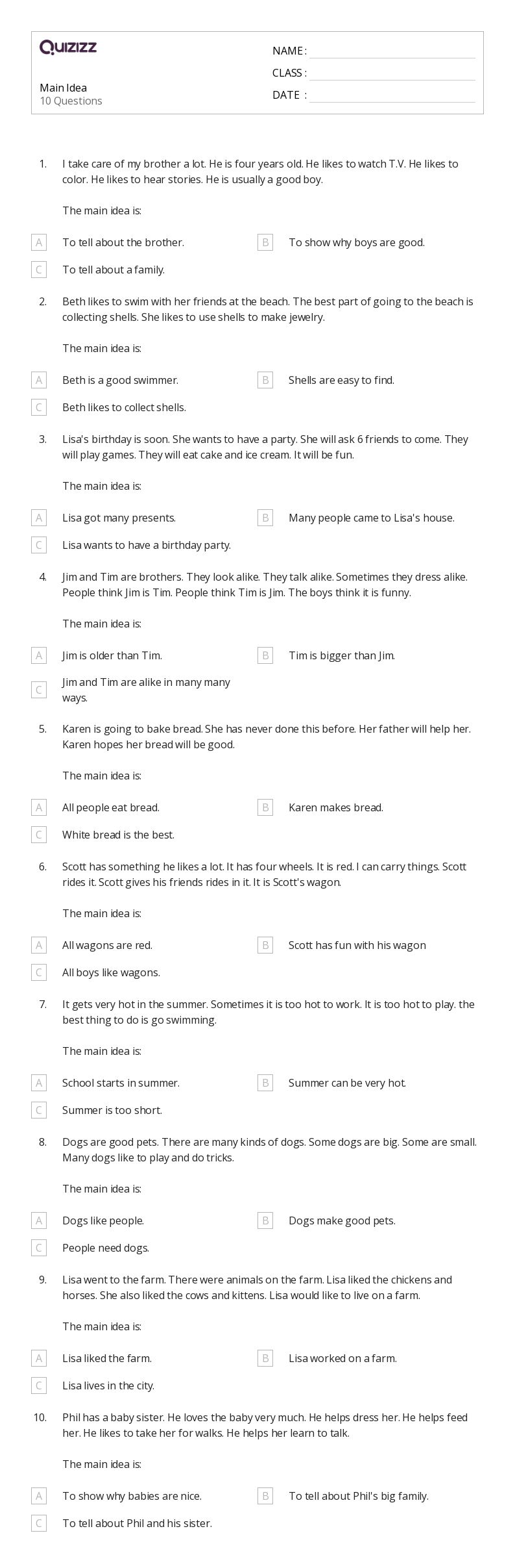 50+ Identifying the Main Idea worksheets for 2nd Grade on Quizizz Free & Printable