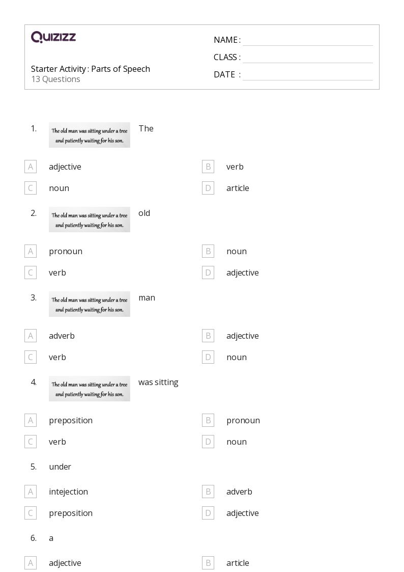 50+ Parts of Speech worksheets for 1st Class on Quizizz Free & Printable