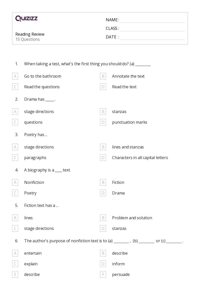50+ Reading worksheets for 4th Grade on Quizizz Free & Printable