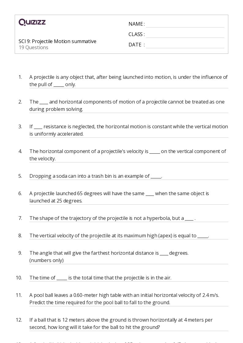 50+ projectile motion worksheets for 9th Grade on Quizizz Free & Printable