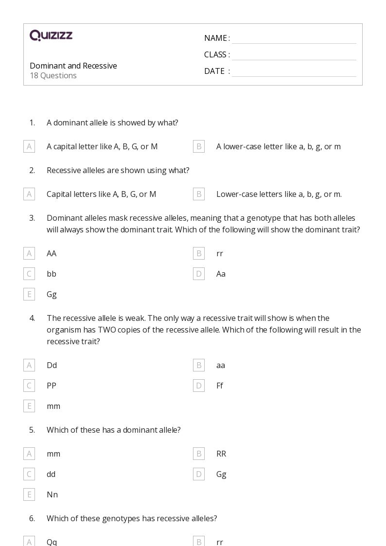 50+ vocabulary dominant and recessive worksheets on Quizizz Free & Printable