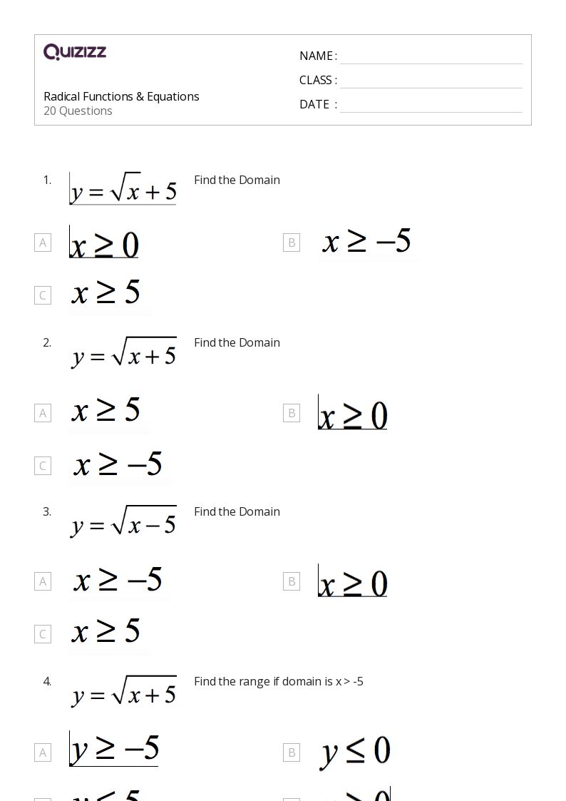 50+ radical equations and functions worksheets on Quizizz | Free