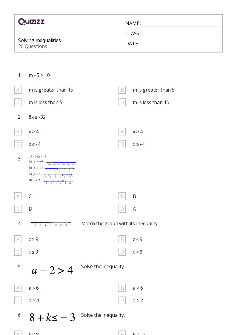 50+ Solving Inequalities worksheets for 7th Grade on Quizizz | Free