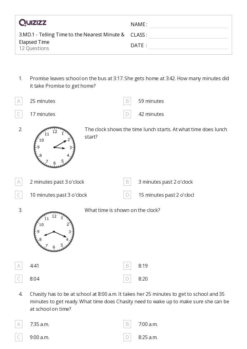 Printable Time to the Minute Worksheets for Grade 3 Quizizz