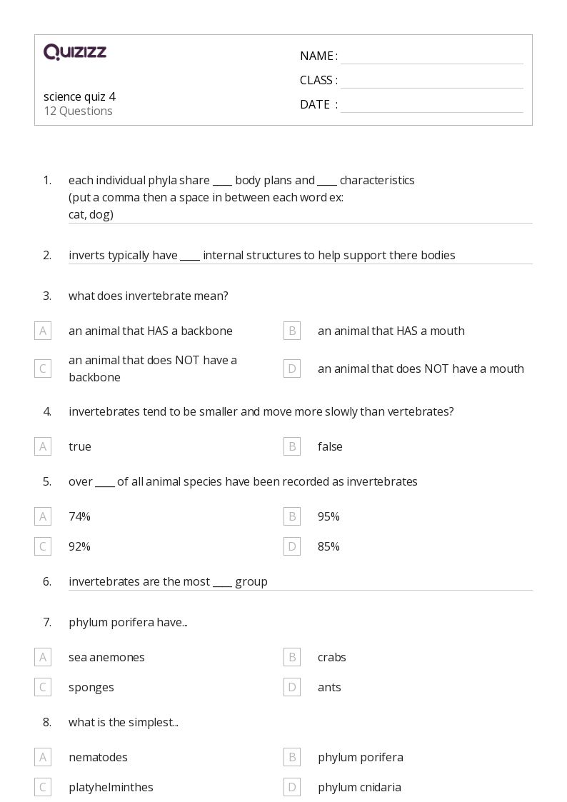 50+ vertebrates and invertebrates worksheets for 12th Grade on Quizizz Free & Printable