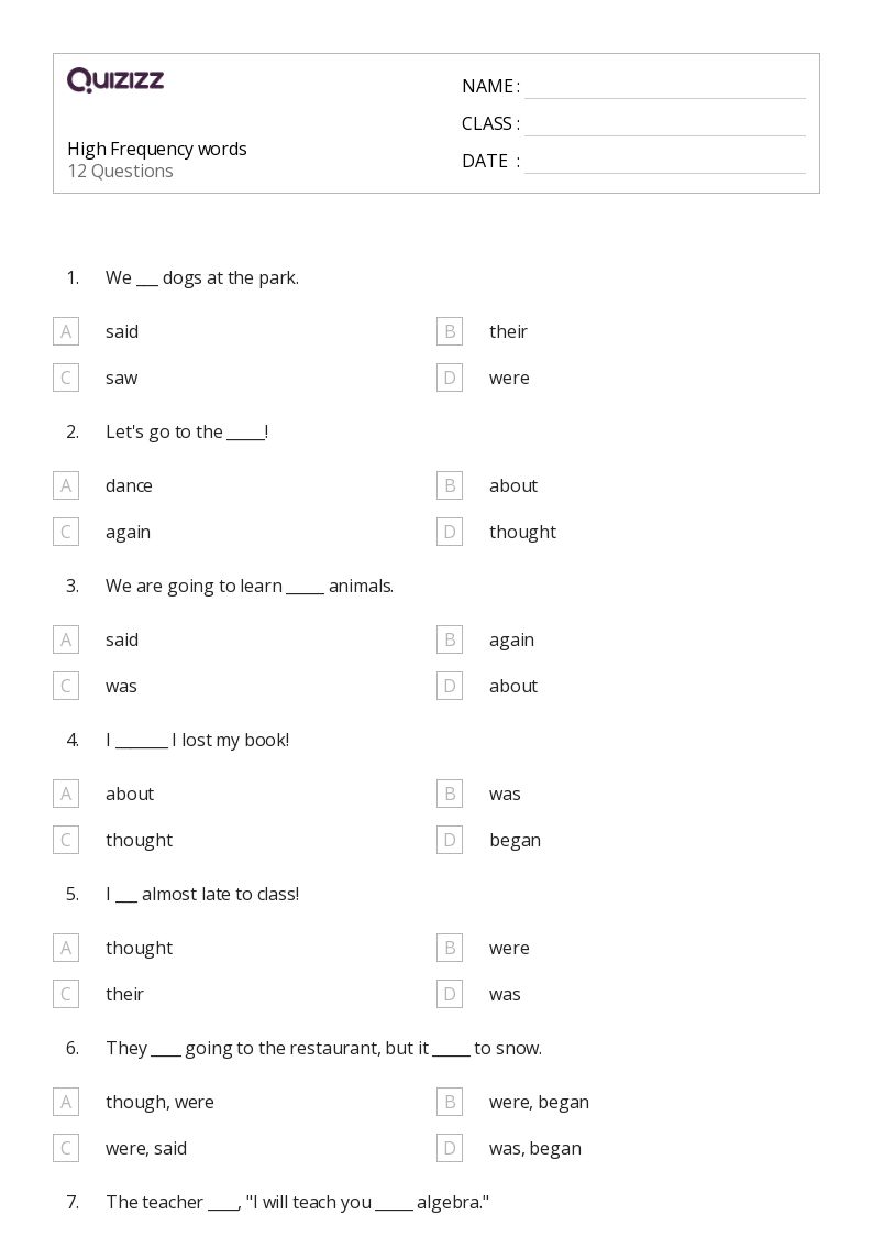 50+ High Frequency Words worksheets on Quizizz | Free & Printable