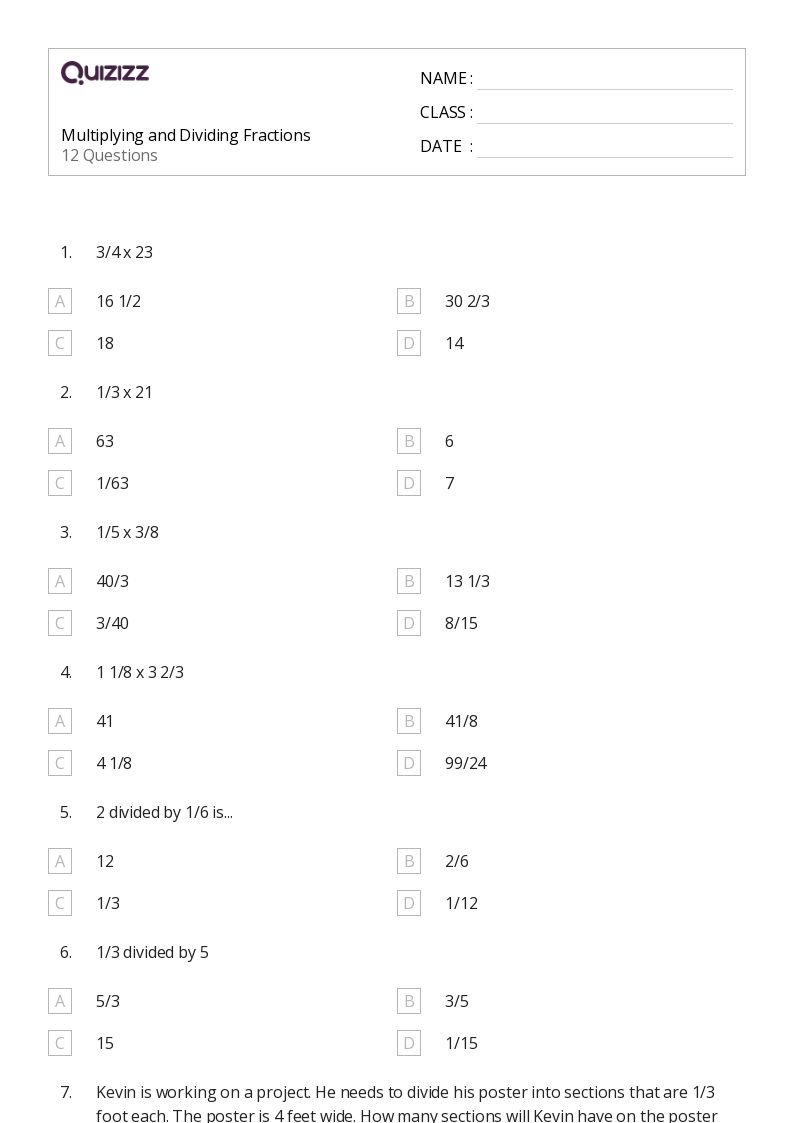 50+ Multiplying and Dividing Fractions worksheets on Quizizz | Free