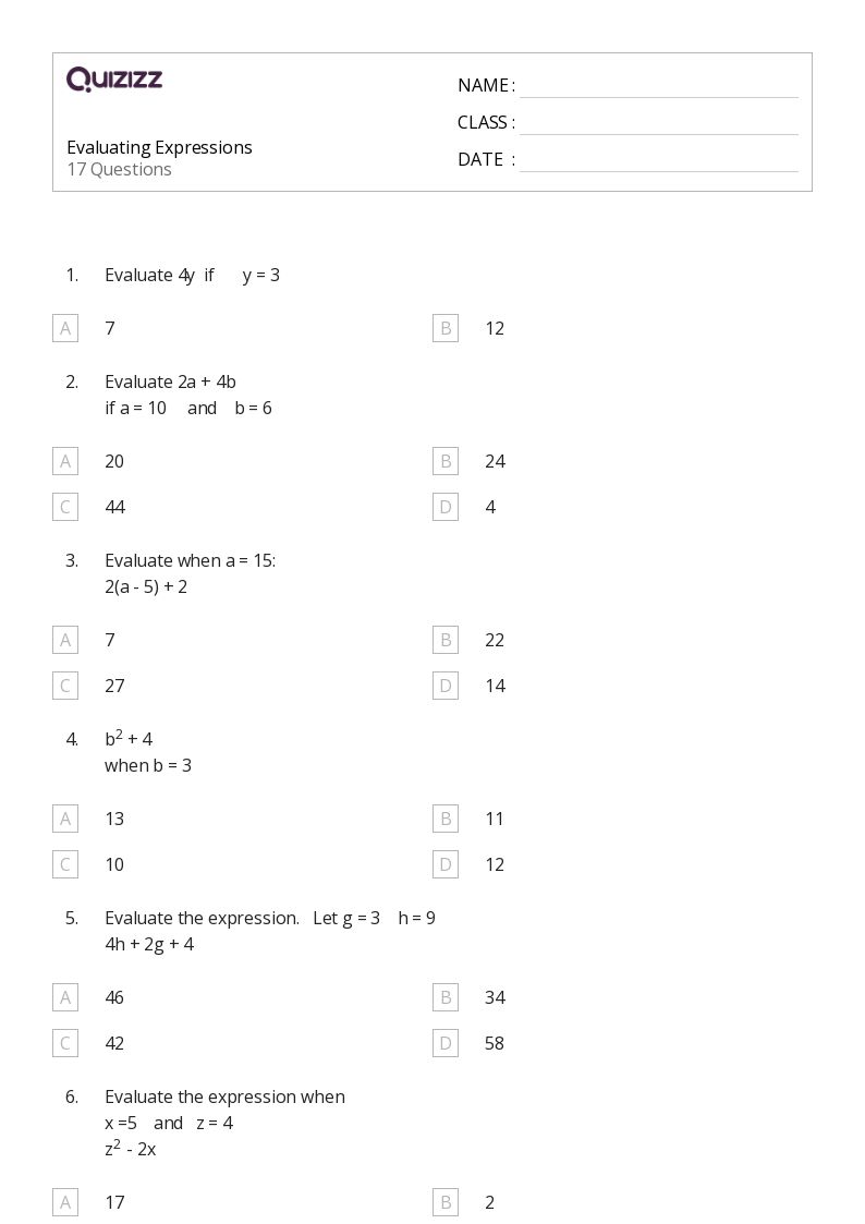 50+ Evaluating Expressions worksheets for 6th Grade on Quizizz Free & Printable