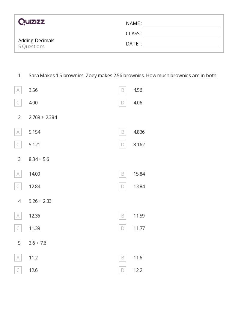 50+ Adding Decimals worksheets for 5th Grade on Quizizz Free & Printable