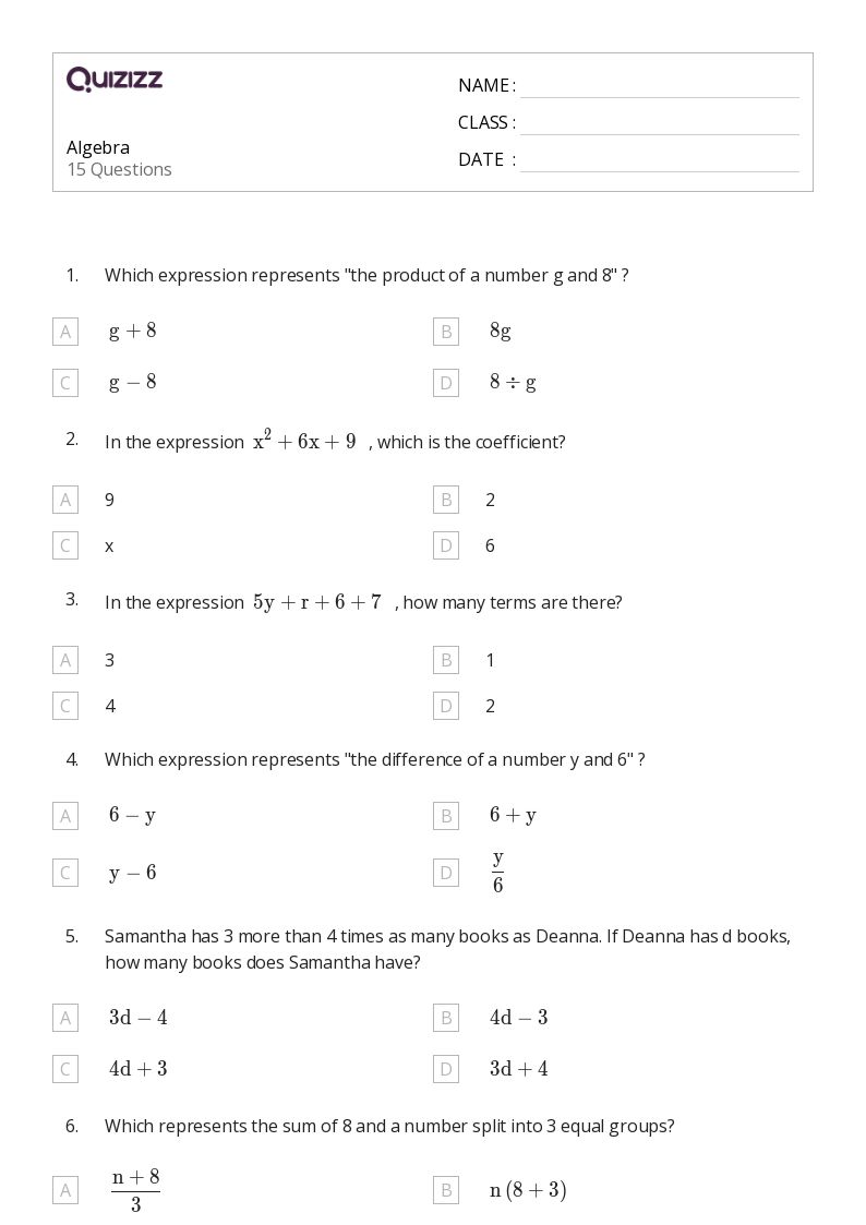 50+ Algebra worksheets for 6th Grade on Quizizz | Free & Printable