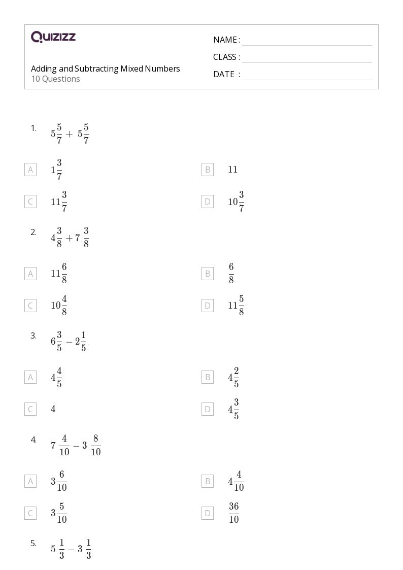 50+ Adding and Subtracting Mixed Numbers worksheets for 4th Grade on Quizizz Free & Printable