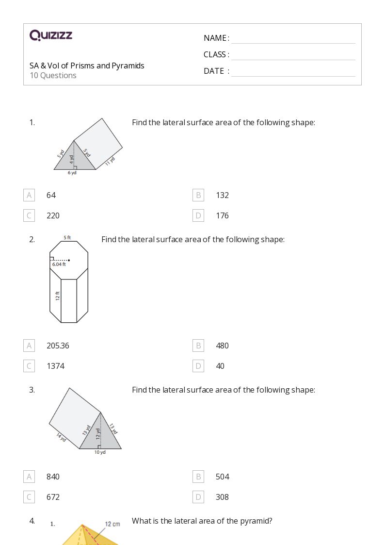 50+ volume and surface area of prisms worksheets for 10th Grade on