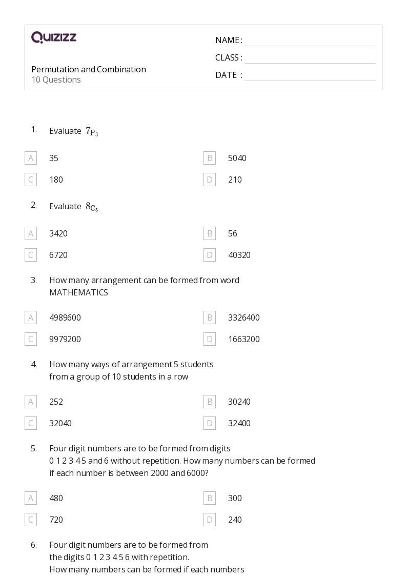 50+ permutation and combination worksheets for 12th Grade on Quizizz