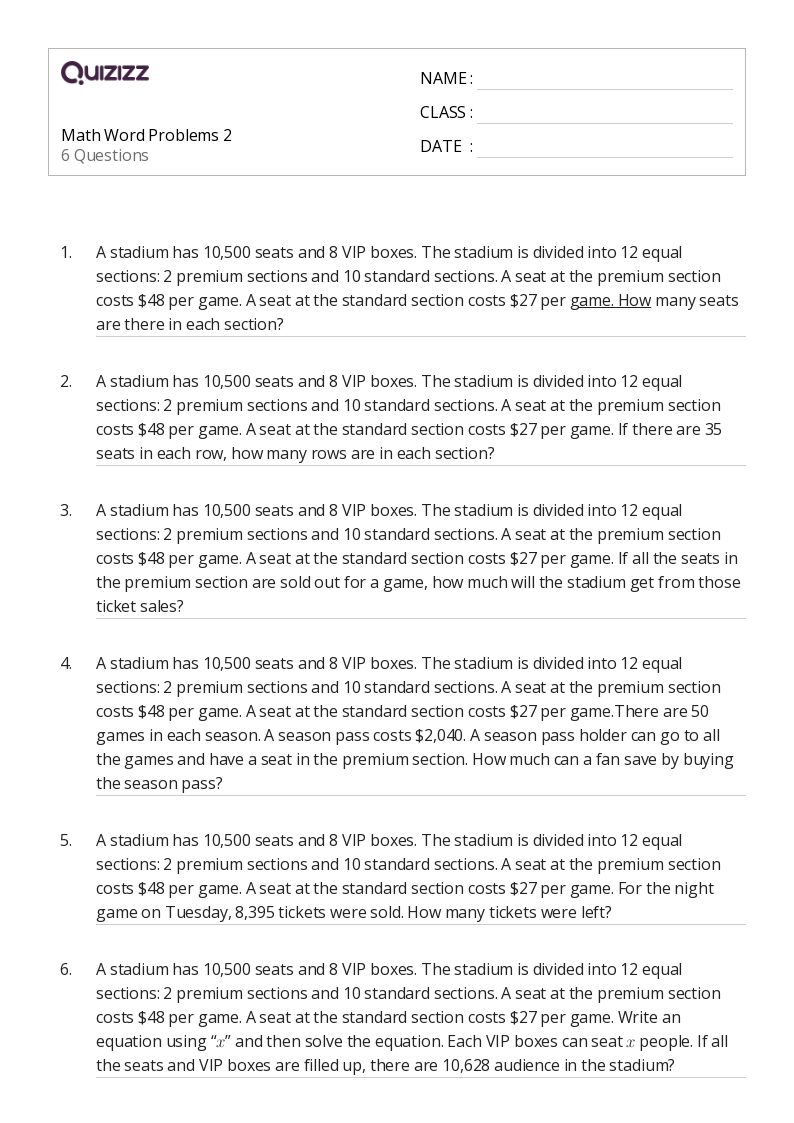50+ Math Word Problems worksheets for 6th Class on Quizizz | Free