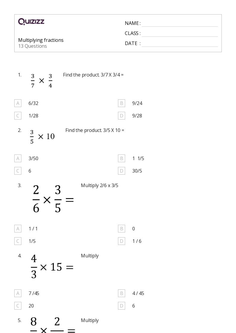 50+ Multiplying Fractions worksheets for 6th Year on Quizizz Free