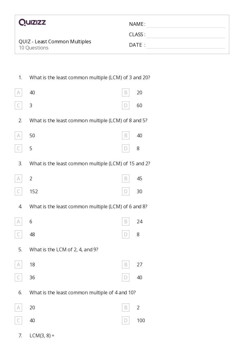 50+ Least Common Multiple worksheets for 8th Grade on Quizizz | Free