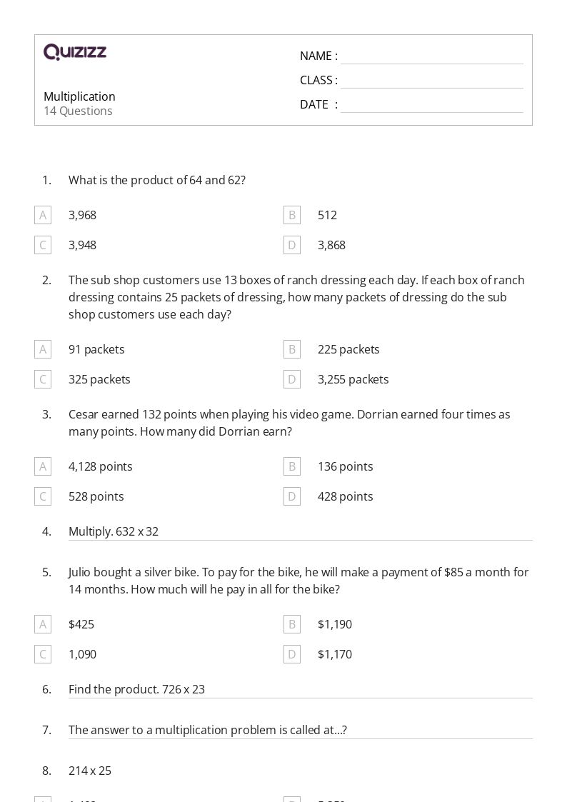 50+ Multiplication worksheets for 5th Class on Quizizz Free & Printable