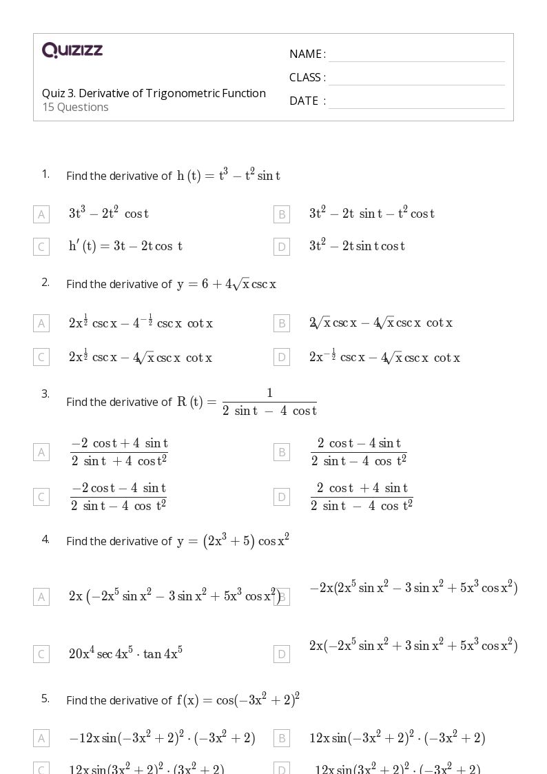 50+ derivatives of trigonometric functions worksheets for 10th Year on