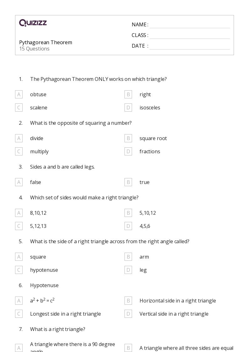 50+ Pythagorean Theorem worksheets for 7th Grade on Quizizz Free & Printable