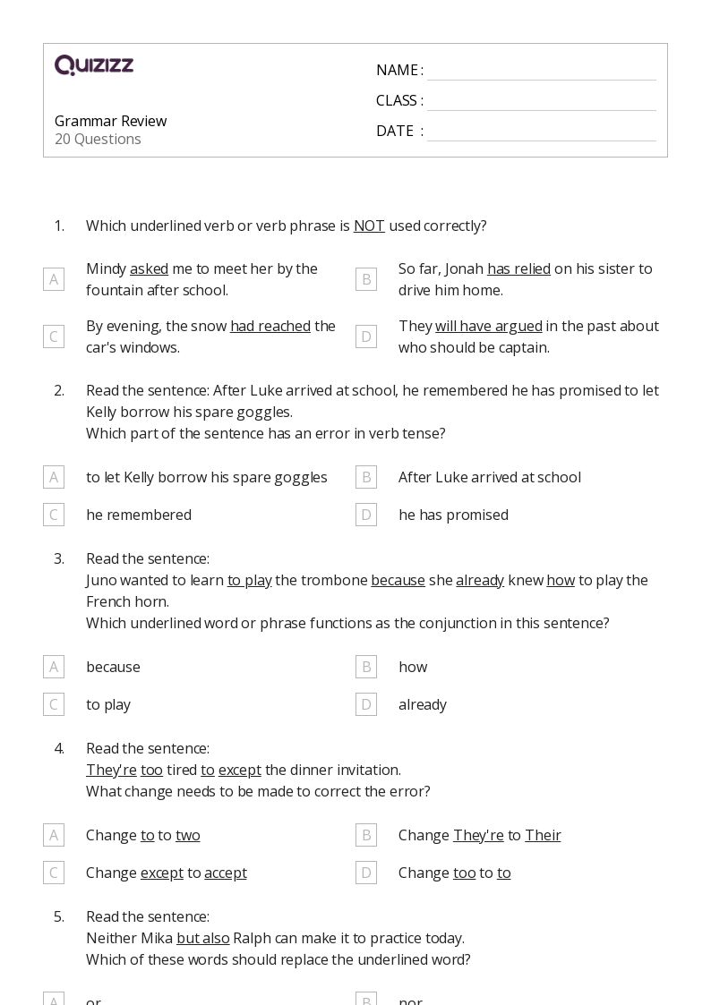 50+ Grammar worksheets for 5th Grade on Quizizz Free & Printable