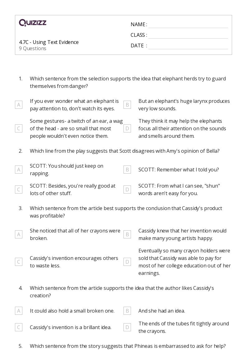 50+ Text Evidence worksheets for 3rd Grade on Quizizz Free & Printable