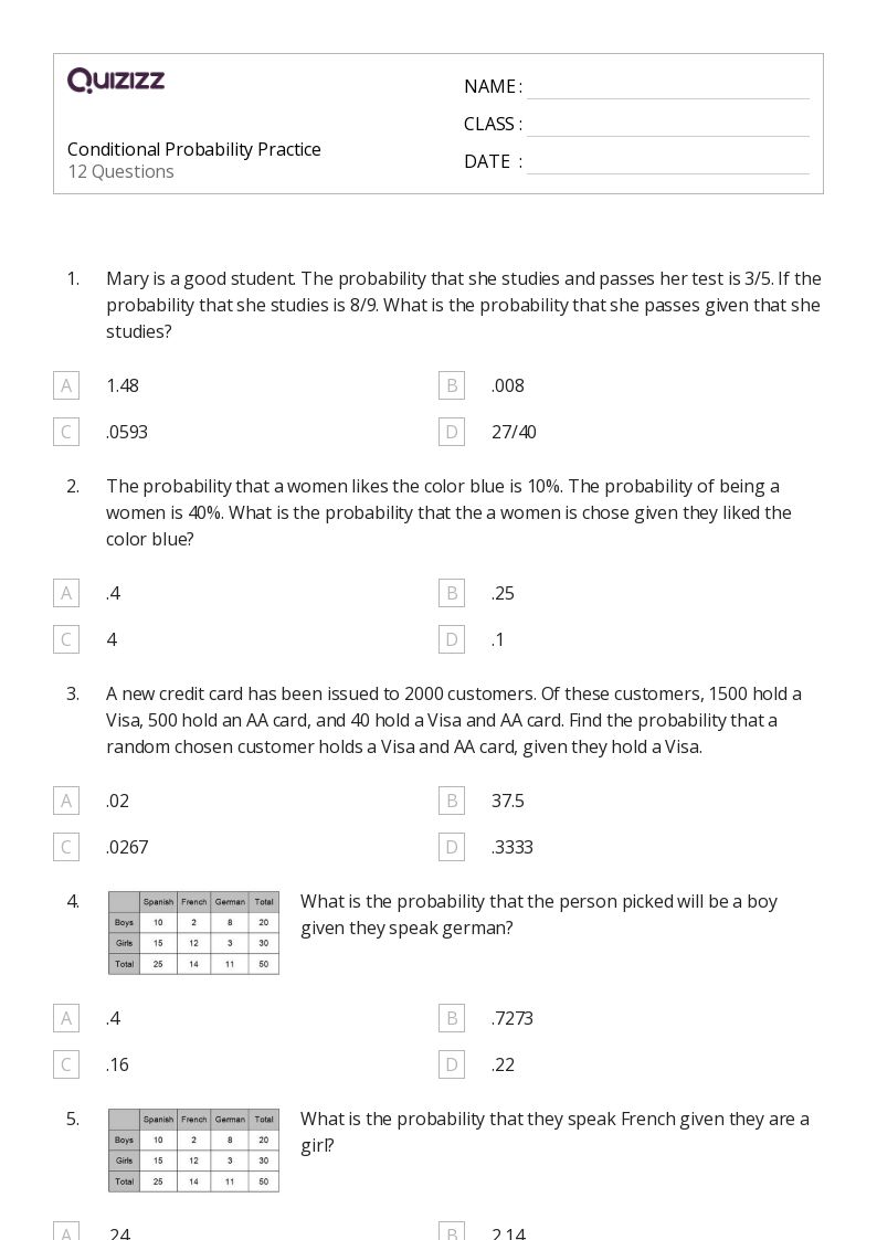 50+ conditional probability worksheets for 9th Year on Quizizz Free & Printable