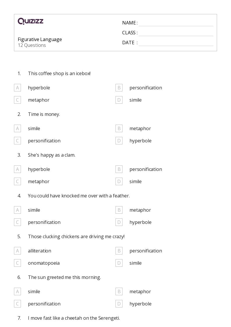 Printable Figurative Language Worksheets for Grade 8 Quizizz