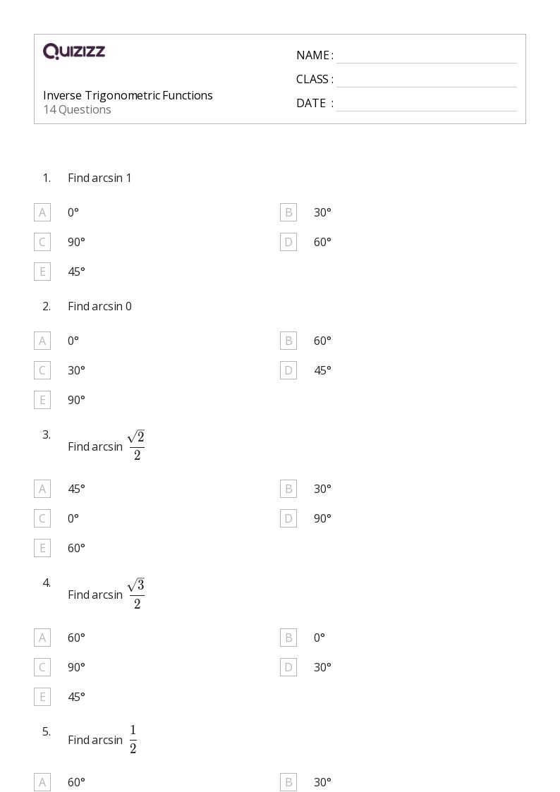 50+ inverse trigonometric functions worksheets for 9th Class on Quizizz